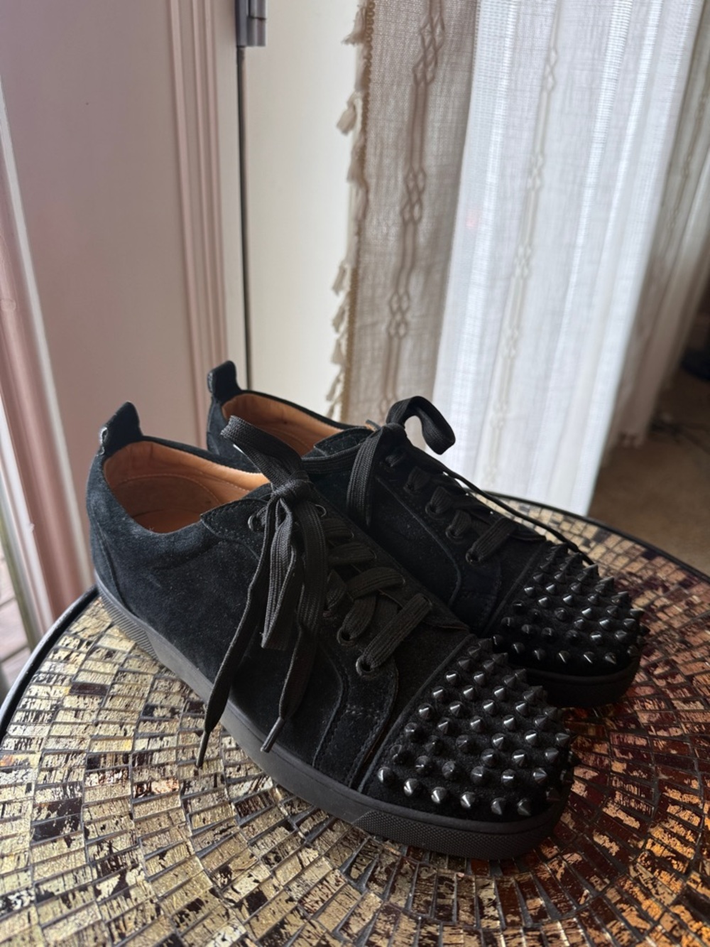 Christian Louboutin Women’s Black Suede Studded Red Bottom Lace-Up Sneakers